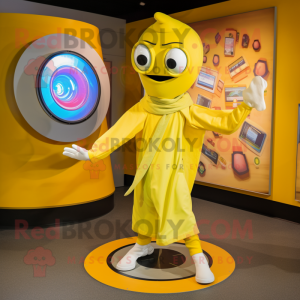 Yellow Plate Spinner mascot costume character dressed with a Romper and Scarves