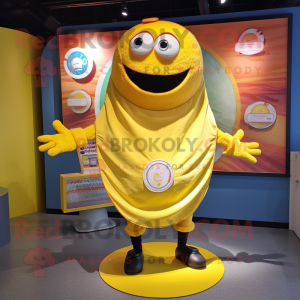 Yellow Plate Spinner mascot costume character dressed with a Romper and Scarves