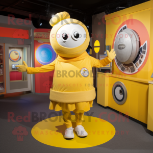 Yellow Plate Spinner mascot costume character dressed with a Romper and Scarves