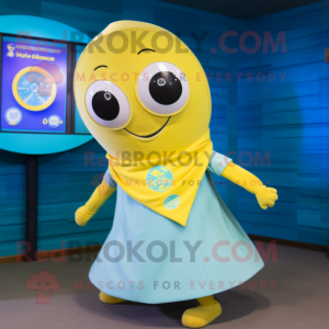 Yellow Plate Spinner mascot costume character dressed with a Romper and Scarves