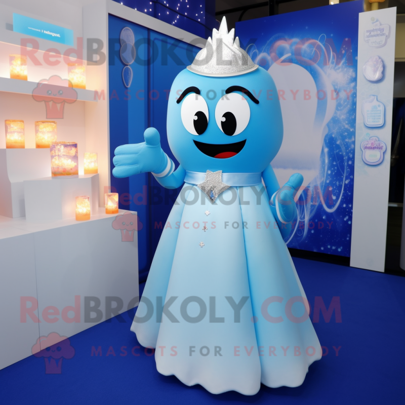 Blue Scented Candle mascot costume character dressed with a Wedding Dress and Bracelets Blue Scented Candle mascot costume character dressed with a Wedding Dress and Bracelets