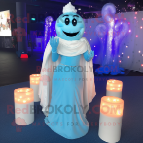 Blue Scented Candle mascot costume character dressed with a Wedding Dress and Bracelets