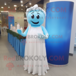 Blue Scented Candle mascot costume character dressed with a Wedding Dress and Bracelets