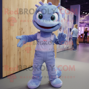 Lavender Hydra mascot costume character dressed with a Denim Shirt and Foot pads