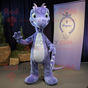 Lavender Hydra mascot costume character dressed with a Denim Shirt and Foot pads