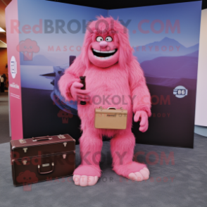 Pink Sasquatch mascot costume character dressed with a Sheath Dress and Briefcases
