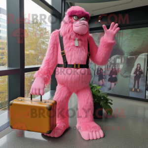 Pink Sasquatch mascot costume character dressed with a Sheath Dress and Briefcases