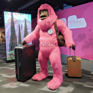 Pink Sasquatch mascot costume character dressed with a Sheath Dress and Briefcases