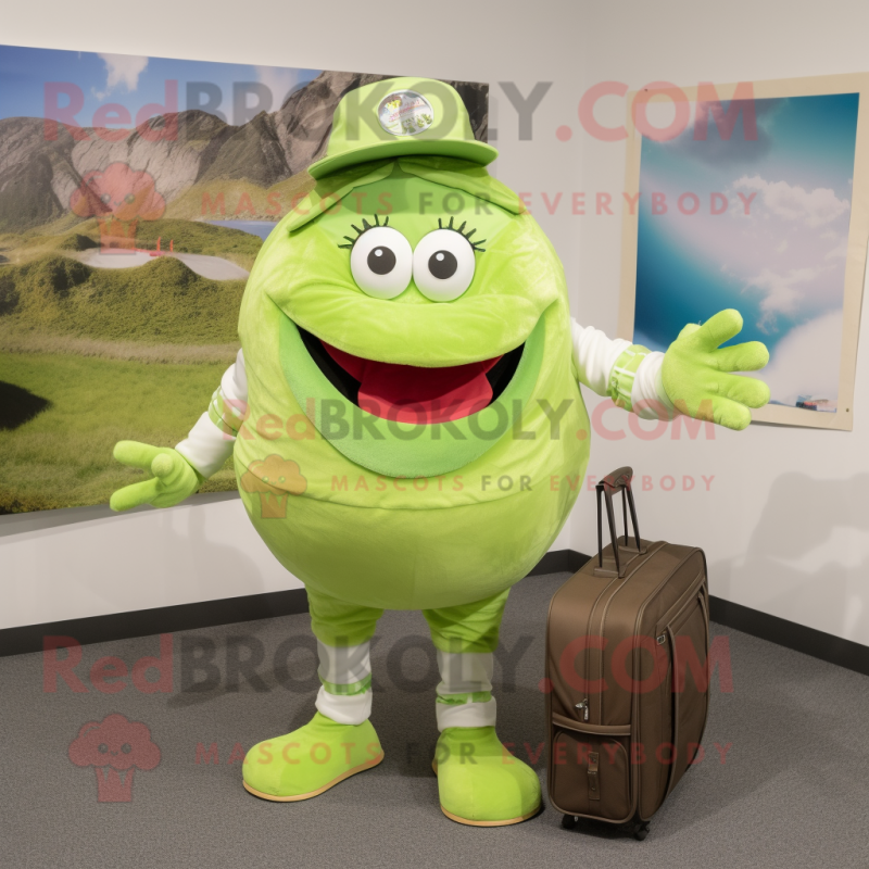 Lime Green Oyster mascot costume character dressed with a Button-Up Shirt and Messenger bags