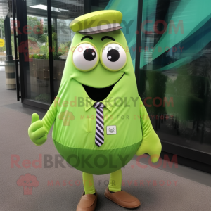 Lime Green Oyster mascot costume character dressed with a Button-Up Shirt and Messenger bags