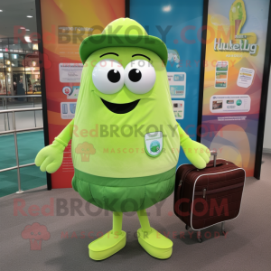 Lime Green Oyster mascot costume character dressed with a Button-Up Shirt and Messenger bags