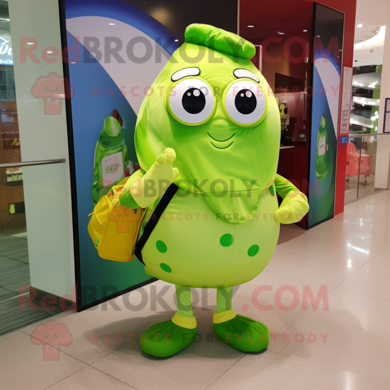 Lime Green Oyster mascot costume character dressed with a Button-Up Shirt and Messenger bags