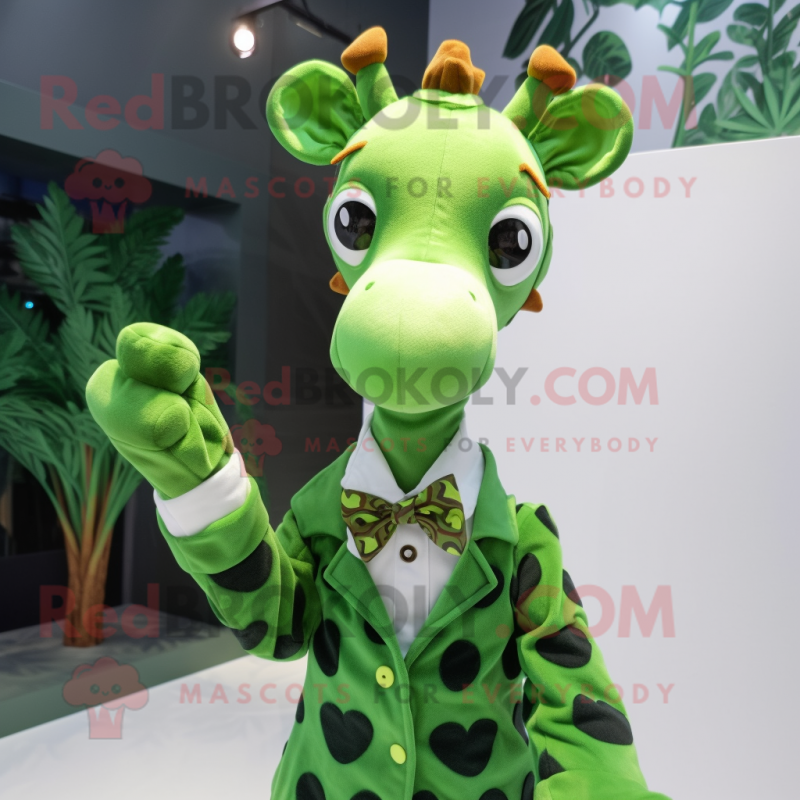 Green Giraffe mascot costume character dressed with a Blouse and Bow ties Green Giraffe mascot costume character dressed with a Blouse and Bow ties