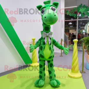 Green Giraffe mascot costume character dressed with a Blouse and Bow ties