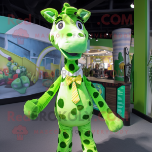 Green Giraffe mascot costume character dressed with a Blouse and Bow ties