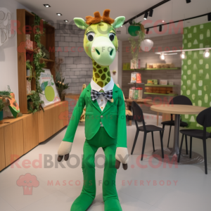 Green Giraffe mascot costume character dressed with a Blouse and Bow ties