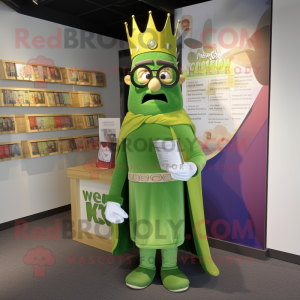 Olive King mascot costume character dressed with a Wrap Skirt and Reading glasses