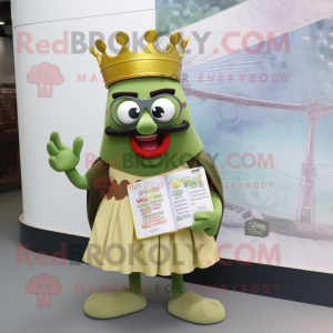 Olive King mascot costume character dressed with a Wrap Skirt and Reading glasses