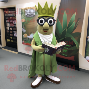 Olive King mascot costume character dressed with a Wrap Skirt and Reading glasses