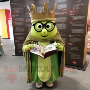 Olive King mascot costume character dressed with a Wrap Skirt and Reading glasses
