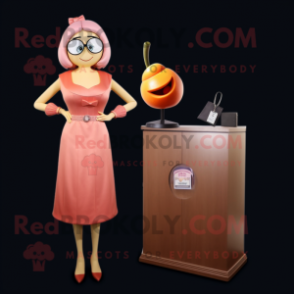 Peach Attorney mascot costume character dressed with a Cocktail Dress and Coin purses