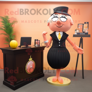 Peach Attorney mascot costume character dressed with a Cocktail Dress and Coin purses