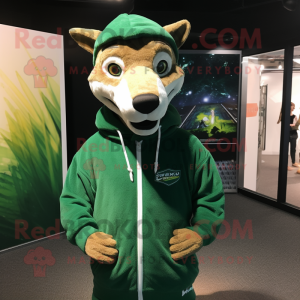 Forest Green Thylacosmilus mascot costume character dressed with a Sweatshirt and Cufflinks