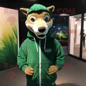 Forest Green Thylacosmilus mascot costume character dressed with a Sweatshirt and Cufflinks