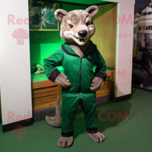 Forest Green Thylacosmilus mascot costume character dressed with a Sweatshirt and Cufflinks