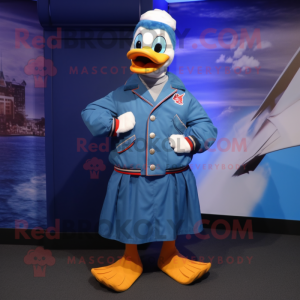 Blue Muscovy Duck mascot costume character dressed with a Bomber Jacket and Shoe laces