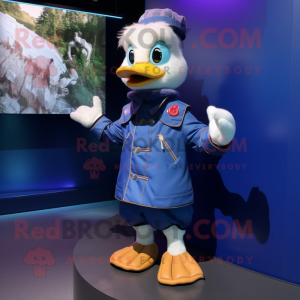 Blue Muscovy Duck mascot costume character dressed with a Bomber Jacket and Shoe laces