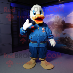 Blue Muscovy Duck mascot costume character dressed with a Bomber Jacket and Shoe laces