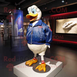 Blue Muscovy Duck mascot costume character dressed with a Bomber Jacket and Shoe laces