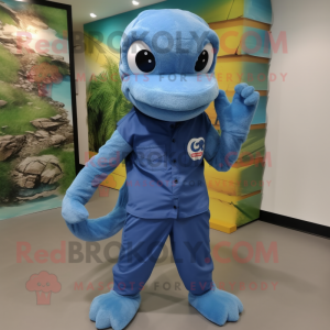 Blue Python mascot costume character dressed with a Cargo Shorts and Beanies