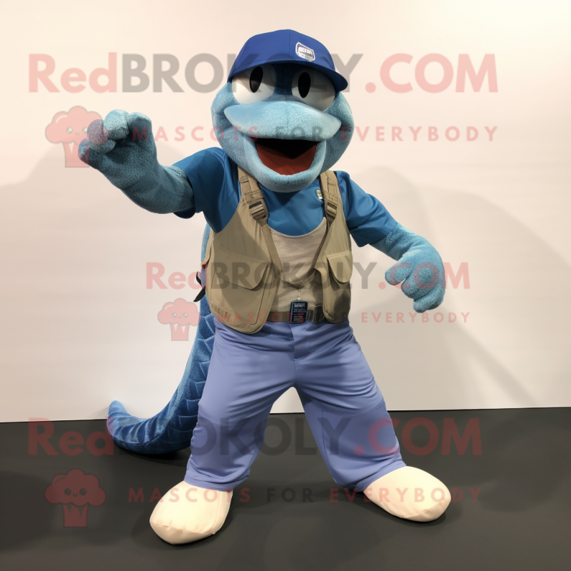 Blue Python mascot costume character dressed with a Cargo Shorts and Beanies