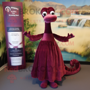 Maroon Loch Ness Monster mascot costume character dressed with a Empire Waist Dress and Hair clips