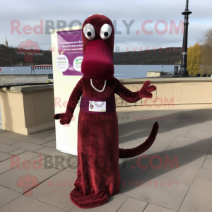 Maroon Loch Ness Monster mascot costume character dressed with a Empire Waist Dress and Hair clips