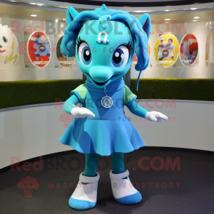 Cyan Horseshoe mascot costume character dressed with a Mini Skirt and Anklets