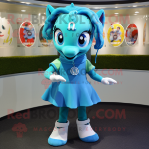 Cyan Horseshoe mascot costume character dressed with a Mini Skirt and Anklets