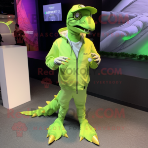 Lime Green Velociraptor mascot costume character dressed with a Parka and Earrings