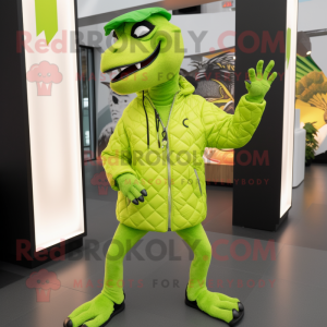 Lime Green Velociraptor mascot costume character dressed with a Parka and Earrings