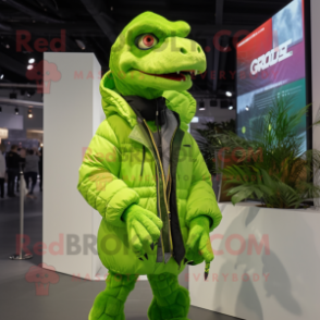 Lime Green Velociraptor mascot costume character dressed with a Parka and Earrings