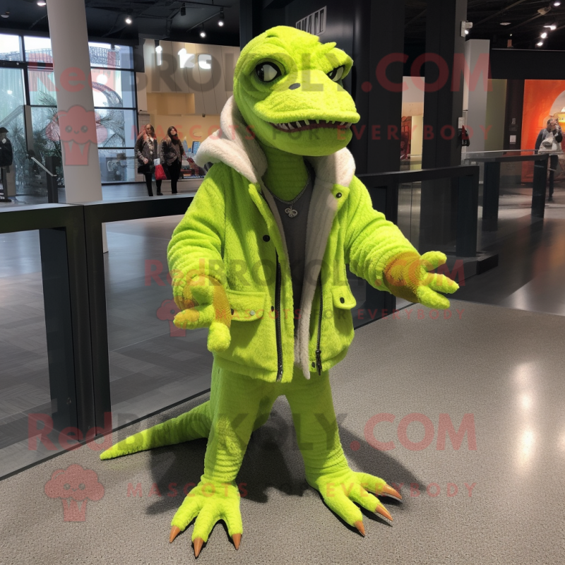 Lime Green Velociraptor mascot costume character dressed with a Parka and Earrings Lime Green Velociraptor mascot costume character dressed with a Parka and Earrings