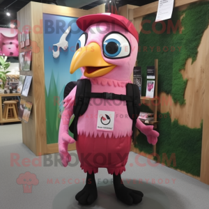 Pink Woodpecker mascot costume character dressed with a Blouse and Backpacks