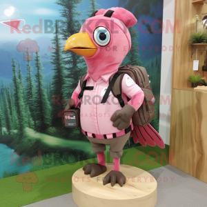 Pink Woodpecker mascot costume character dressed with a Blouse and Backpacks