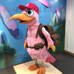 Pink Woodpecker mascot costume character dressed with a Blouse and Backpacks