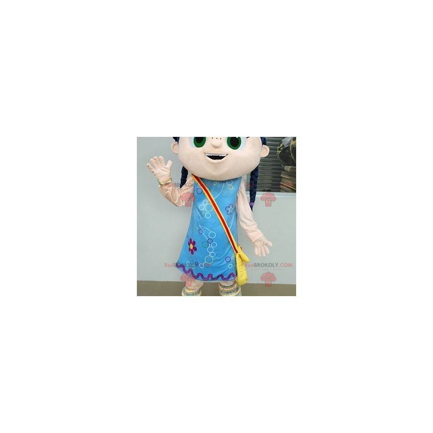 Mascota de niña con trenzas y un vestido azul - Redbrokoly.com
