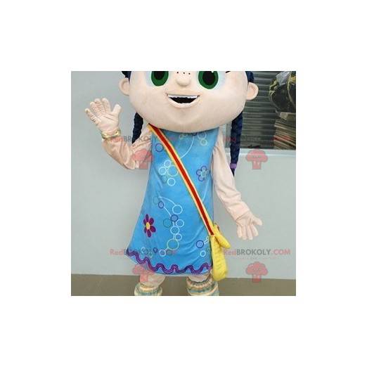 Girl mascot with braids and a blue dress - Redbrokoly.com