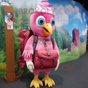 Pink Woodpecker mascot costume character dressed with a Blouse and Backpacks