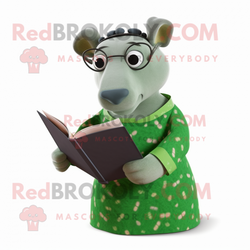 Olive Tapir mascot costume character dressed with a Dress and Reading glasses